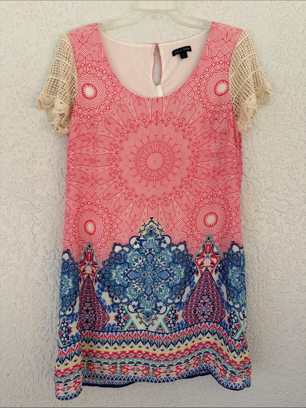As U Wish Pink Geo-Print dress with Cream Lace Sleeves size L